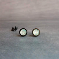 Ice Mint Blue Black Stud Earrings, ice blue earring, Alice blue earrings, matte black earring, small druzy earrings, jagged round stone pale - Constant Baubling