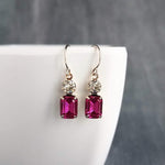 Fuchsia Crystal Earrings, hot pink earring, pink purple earring, rectangle stone earring crystal dangle earring small silver vintage earring - Constant Baubling