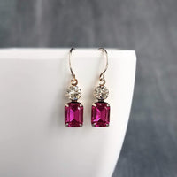 Fuchsia Crystal Earrings, hot pink earring, pink purple earring, rectangle stone earring crystal dangle earring small silver vintage earring - Constant Baubling