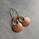 Large Copper Dangle Earrings, oxidized copper earrings, rustic earrings, antique copper earrings, copper boho earring, round, kidney hook - Constant Baubling