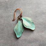 Simple Leaf Earrings, aqua patina earring, verdigris patina earring, blue patina earring, patina leaf earring, copper leaf earring, veining - Constant Baubling