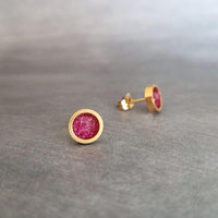 Hot Pink Gold Stud Earrings, gold fuchsia stud earring, hot pink earrings, little gold earring, fuchsia earring pink glitter stainless steel - Constant Baubling