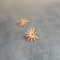 Tiny Copper Earrings, copper sun earring, sunshine earring, little sun earring, copper gear earring small snowflake, sunny day earring happy - Constant Baubling