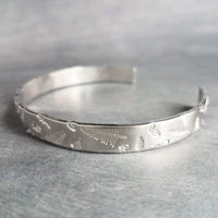 Silver Cuff Bracelet, unisex bracelet, hand stamped cuff, outdoors bracelet, trees leaves branches, forest cuff, woods bracelet, stacking - Constant Baubling