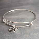 Lotus Flower Bracelet, silver bangle, lotus flower charm bracelet, Hindu bracelet, rebirth bracelet, spiritual jewelry, purity awaken bangle - Constant Baubling