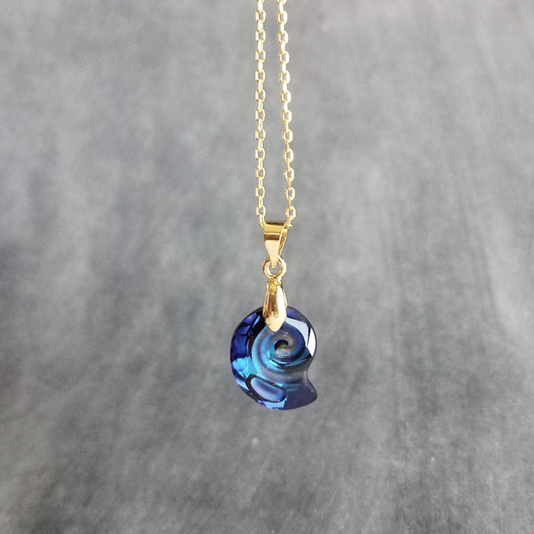 Swarovski Blue Seashell Necklace, gold chain, Bermuda blue crystal, nautilus shell pendant, gold shell necklace, crystal shell, cobalt blue - Constant Baubling