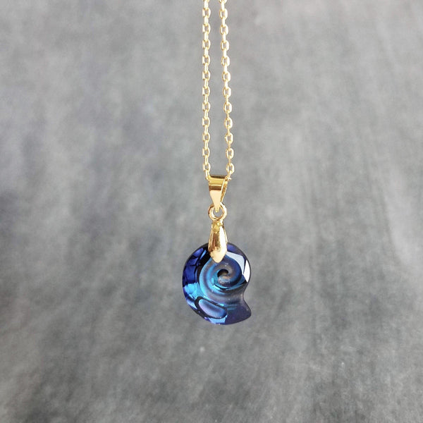 Swarovski Blue Seashell Necklace, gold chain, Bermuda blue crystal