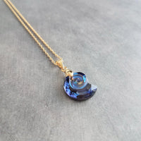 Swarovski Blue Seashell Necklace, gold chain, Bermuda blue crystal, nautilus shell pendant, gold shell necklace, crystal shell, cobalt blue - Constant Baubling