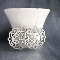 Silver Medallion Earrings, large silver earring, bold silver earrings, Moroccan earrings, filigree cut out, Boho earrings, round statement - Constant Baubling