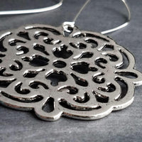 Silver Medallion Earrings, large silver earring, bold silver earrings, Moroccan earrings, filigree cut out, Boho earrings, round statement - Constant Baubling