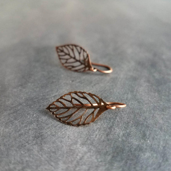 Copper Leaf Earrings, small copper leaves, little copper earring, antique copper filigree earring, cut out leaf earring, fall earring autumn - Constant Baubling