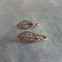 Copper Leaf Earrings, small copper leaves, little copper earring, antique copper filigree earring, cut out leaf earring, fall earring autumn - Constant Baubling