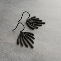 Matte Black Earrings, palm leaf earrings, long drip earrings, black dangle earrings, rubberized earring, all black earring, matt black hooks - Constant Baubling