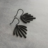 Matte Black Earrings, palm leaf earrings, long drip earrings, black dangle earrings, rubberized earring, all black earring, matt black hooks - Constant Baubling