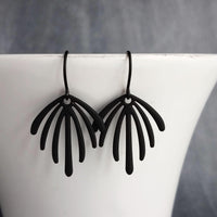 Matte Black Earrings, palm leaf earrings, long drip earrings, black dangle earrings, rubberized earring, all black earring, matt black hooks - Constant Baubling