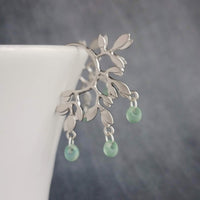 Vine Chandelier Earrings, matte silver earring, silver leaf earring, tree branch earring, vine hoop, glass drop beads, silver branch earring - Constant Baubling