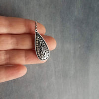 Silver Teardrop Earring, silver boho earring, antique silver dangle, ornate silver drop, tear drop earring, narrow drop earring, elongated - Constant Baubling