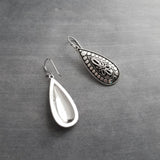Silver Teardrop Earring, silver boho earring, antique silver dangle, ornate silver drop, tear drop earring, narrow drop earring, elongated - Constant Baubling