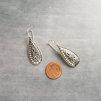 Silver Teardrop Earring, silver boho earring, antique silver dangle, ornate silver drop, tear drop earring, narrow drop earring, elongated - Constant Baubling