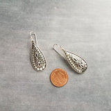 Silver Teardrop Earring, silver boho earring, antique silver dangle, ornate silver drop, tear drop earring, narrow drop earring, elongated - Constant Baubling