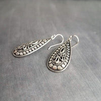 Silver Teardrop Earring, silver boho earring, antique silver dangle, ornate silver drop, tear drop earring, narrow drop earring, elongated - Constant Baubling