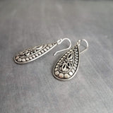 Silver Teardrop Earring, silver boho earring, antique silver dangle, ornate silver drop, tear drop earring, narrow drop earring, elongated - Constant Baubling