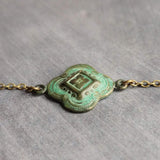Green Clover Necklace, little clover pendant, green patina necklace, antique bronze chain, 4 leaf clover necklace, rustic necklace verdigris - Constant Baubling