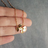 Gold Leaf Necklace, small gold leaves pendant, connected leaves necklace, simple gold leaf necklace, beaded gold satellite chain tiny dainty - Constant Baubling