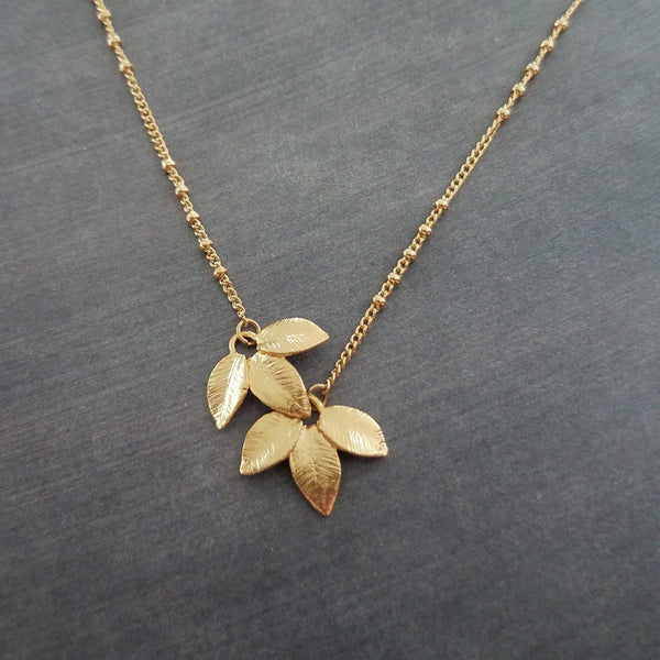 Gold Leaf Necklace, small gold leaves pendant, connected leaves necklace, simple gold leaf necklace, beaded gold satellite chain tiny dainty - Constant Baubling