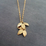 Gold Leaf Necklace, small gold leaves pendant, connected leaves necklace, simple gold leaf necklace, beaded gold satellite chain tiny dainty - Constant Baubling