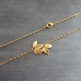 Gold Leaf Necklace, small gold leaves pendant, connected leaves necklace, simple gold leaf necklace, beaded gold satellite chain tiny dainty - Constant Baubling