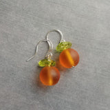 Orange Fruit Earring, citrus earrings, silver orange earrings, hostess gift, orange with leaf earrings, little orange, small frosted glass - Constant Baubling
