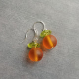 Orange Fruit Earring, citrus earrings, silver orange earrings, hostess gift, orange with leaf earrings, little orange, small frosted glass - Constant Baubling