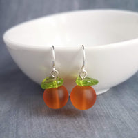 Orange Fruit Earring, citrus earrings, silver orange earrings, hostess gift, orange with leaf earrings, little orange, small frosted glass - Constant Baubling