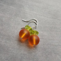 Orange Fruit Earring, citrus earrings, silver orange earrings, hostess gift, orange with leaf earrings, little orange, small frosted glass - Constant Baubling