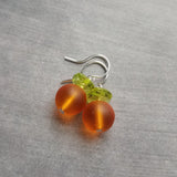Orange Fruit Earring, citrus earrings, silver orange earrings, hostess gift, orange with leaf earrings, little orange, small frosted glass - Constant Baubling