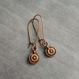 Long Copper Drop Earring, small round earring, antique copper earring, dainty copper earring small copper earring copper disk earring rustic - Constant Baubling