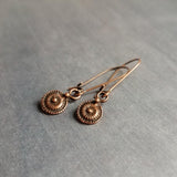 Long Copper Drop Earring, small round earring, antique copper earring, dainty copper earring small copper earring copper disk earring rustic - Constant Baubling