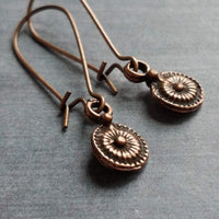 Long Copper Drop Earring, small round earring, antique copper earring, dainty copper earring small copper earring copper disk earring rustic - Constant Baubling