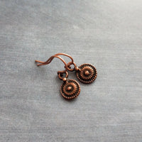 Long Copper Drop Earring, small round earring, antique copper earring, dainty copper earring small copper earring copper disk earring rustic - Constant Baubling