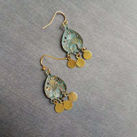 Small Turquoise Gold Earrings, small chandelier earring, little chandelier earring blue green patina teardrop Boho earring gold dangle disks - Constant Baubling