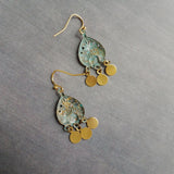 Small Turquoise Gold Earrings, small chandelier earring, little chandelier earring blue green patina teardrop Boho earring gold dangle disks - Constant Baubling