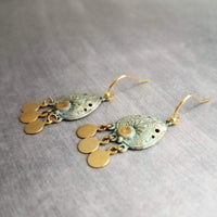 Small Turquoise Gold Earrings, small chandelier earring, little chandelier earring blue green patina teardrop Boho earring gold dangle disks - Constant Baubling
