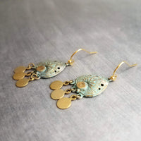 Small Turquoise Gold Earrings, small chandelier earring, little chandelier earring blue green patina teardrop Boho earring gold dangle disks - Constant Baubling