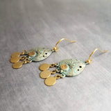 Small Turquoise Gold Earrings, small chandelier earring, little chandelier earring blue green patina teardrop Boho earring gold dangle disks - Constant Baubling
