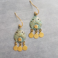 Small Turquoise Gold Earrings, small chandelier earring, little chandelier earring blue green patina teardrop Boho earring gold dangle disks - Constant Baubling
