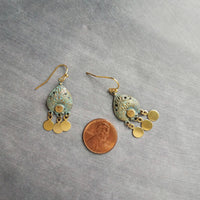 Small Turquoise Gold Earrings, small chandelier earring, little chandelier earring blue green patina teardrop Boho earring gold dangle disks - Constant Baubling