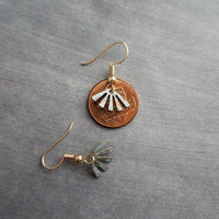 Small Turquoise Gold Fan Earrings, little fan earrings, sun ray earring, sunburst earring verdigris patina earring blue green earring dangle - Constant Baubling