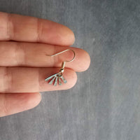 Small Turquoise Gold Fan Earrings, little fan earrings, sun ray earring, sunburst earring verdigris patina earring blue green earring dangle - Constant Baubling