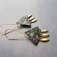 Turquoise Patina Chandelier Earrings, gold oval drops, boho dangle earring, triangle chandelier, wedge earring, sector chandelier blue green - Constant Baubling